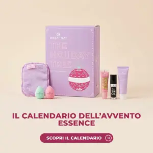 Calendario dell'Avvento essence THE HOLIDAY TREE con scatola lilla, panno struccante, spugnette e prodotti beauty