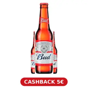Cashback Bud 2026, bottiglie di birra Bud con badge rimborso 5 euro