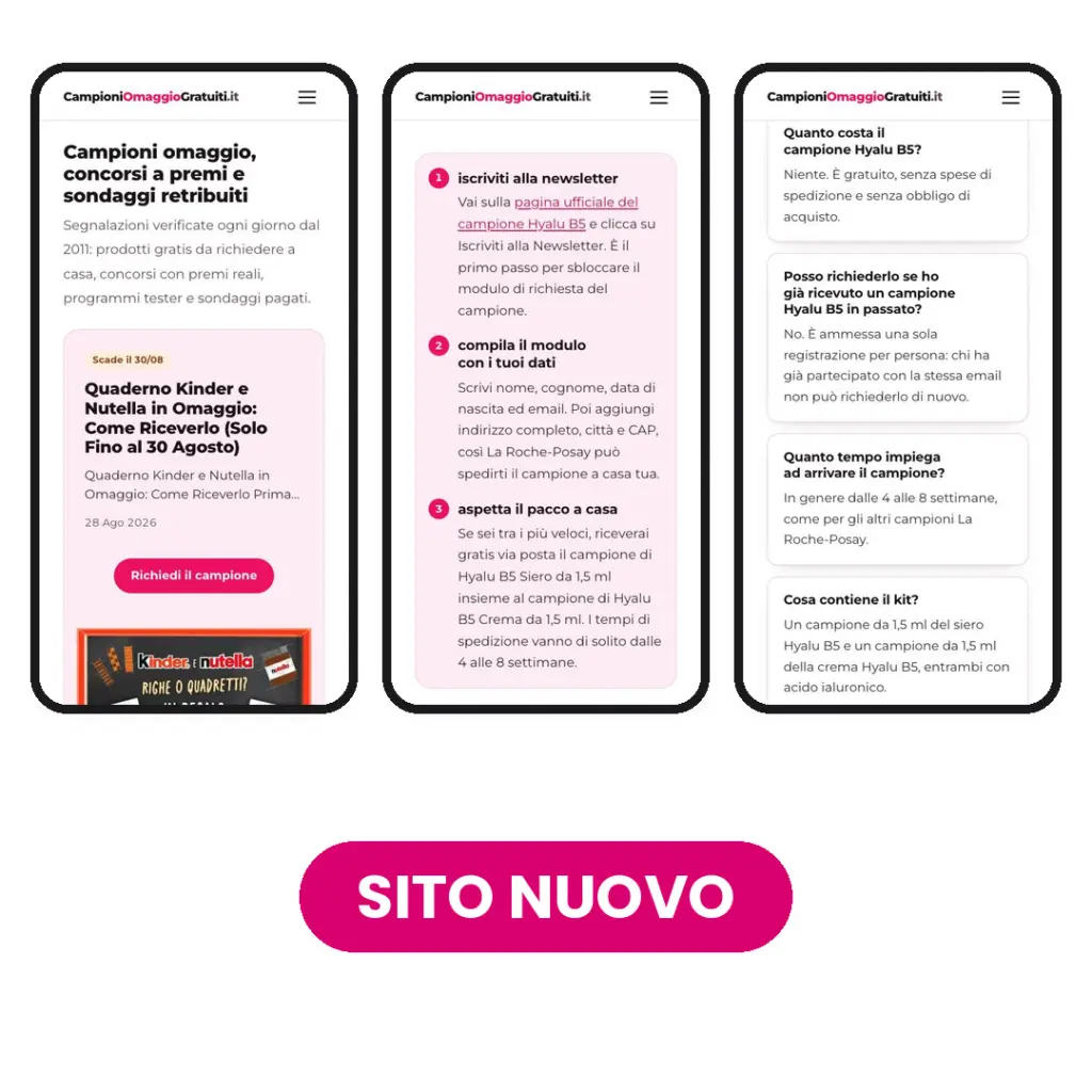 Il nuovo sito CampioniOmaggioGratuiti visto da telefono: home con le pastiglie di stato, passi numerati e domande frequenti