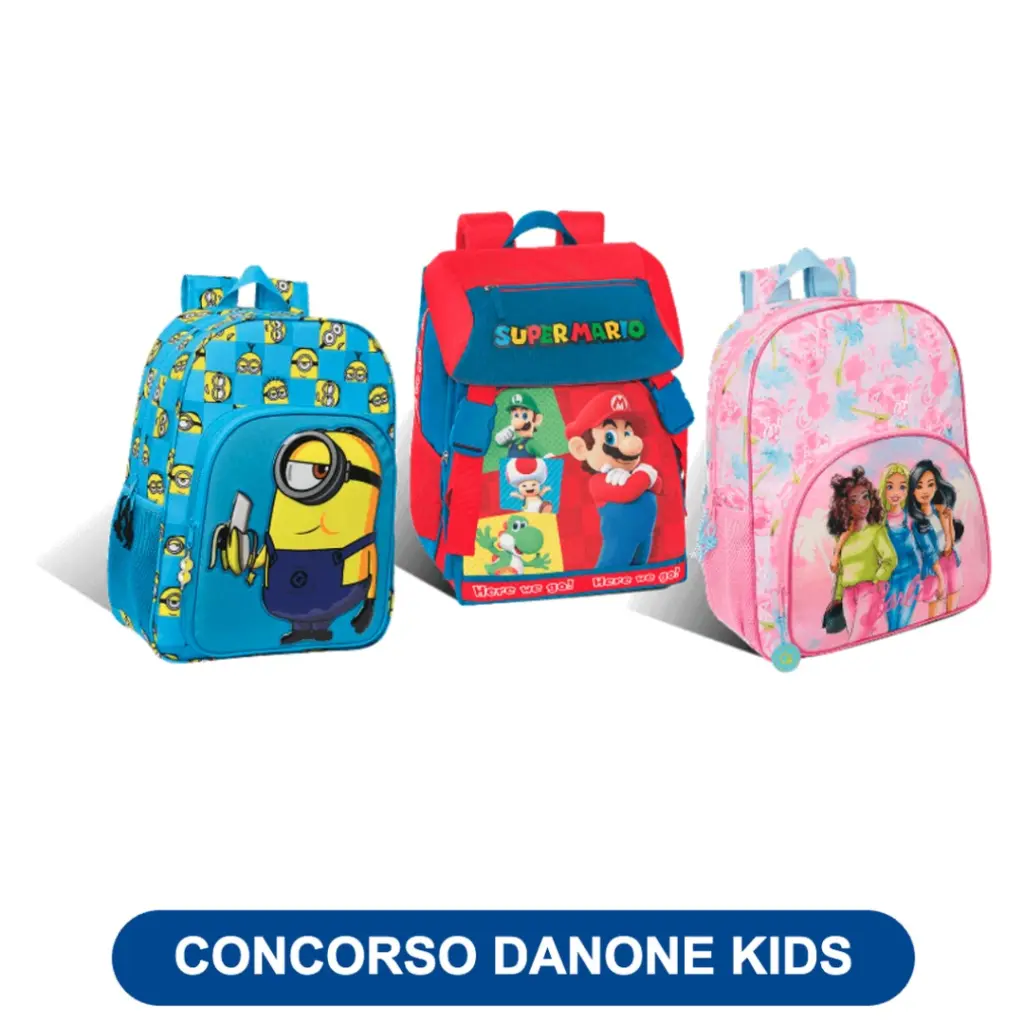 Concorso Danone Kids Vinci uno zaino Super Mario Minions Barbie