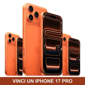 Tre iPhone 17 Pro arancione con badge Vinci un iPhone 17 Pro