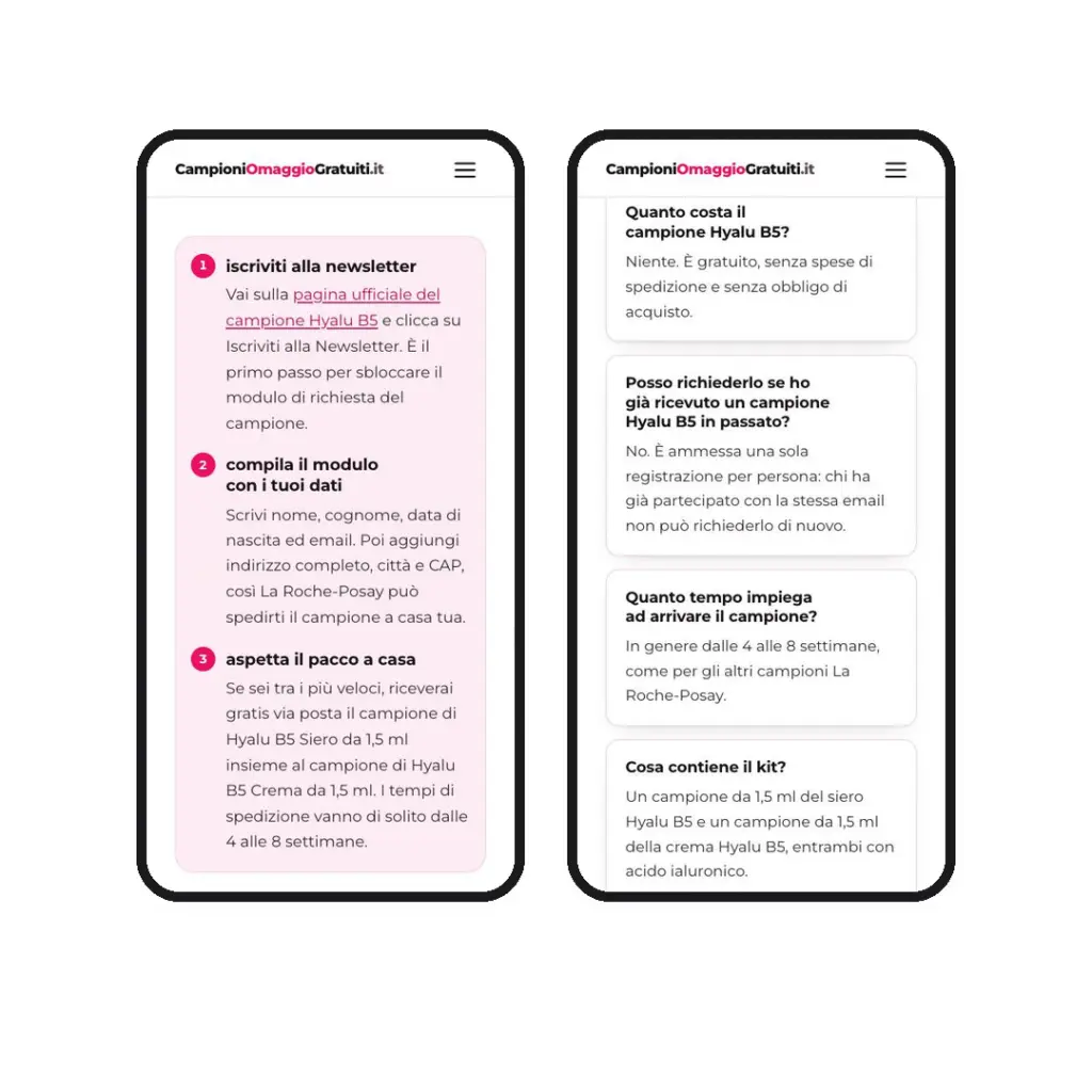 Schermate di un articolo del nuovo sito CampioniOmaggioGratuiti su telefono con le istruzioni numerate e le risposte rapide