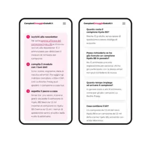Schermate di un articolo del nuovo sito CampioniOmaggioGratuiti su telefono con le istruzioni numerate e le risposte rapide