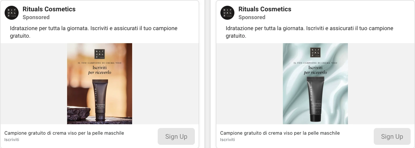 Due versioni dell'annuncio sponsorizzato di Rituals Cosmetics per il campione di crema viso Homme, dalla libreria inserzioni di Meta