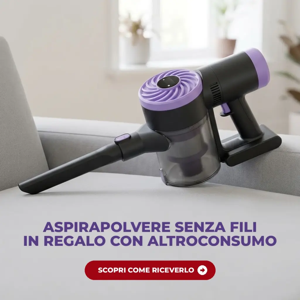 Aspirapolvere senza fili nero e viola appoggiato sul divano, il regalo di benvenuto Altroconsumo
