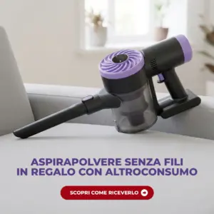 Aspirapolvere senza fili nero e viola appoggiato sul divano, il regalo di benvenuto Altroconsumo