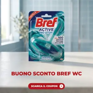 Buono sconto Bref Active No Stop WC, confezione azzurra su lavandino