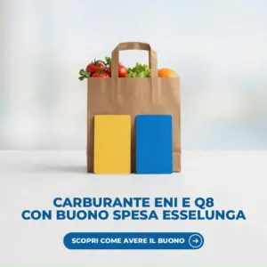 Borsa della spesa di carta con due carte regalo, una gialla e una blu, su un piano di pietra bianca