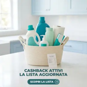 Cestino con prodotti per la casa e scontrino per i cashback attivi