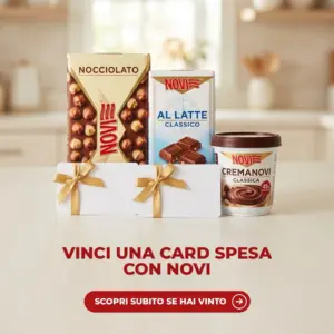 Tavolette Novi Nocciolato e Al Latte Classico, vasetto CremaNovi e due card regalo con fiocco dorato per il concorso La tua spesa con Novi