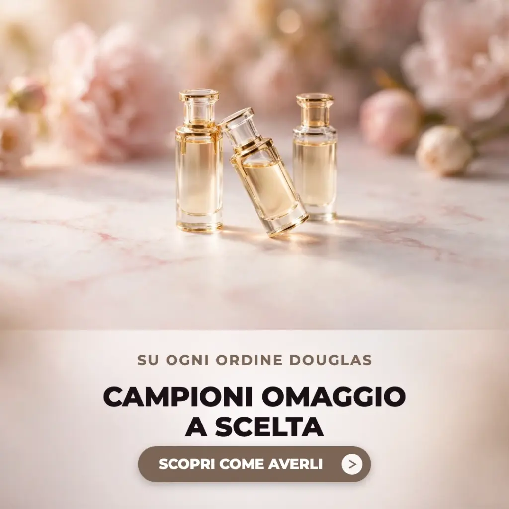Tre mignon di profumo Douglas su marmo rosa, i campioni omaggio disponibili con ogni ordine