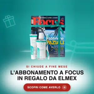Rivista Focus con fiocco e prodotti elmex, omaggio abbonamento digitale Focus con elmex
