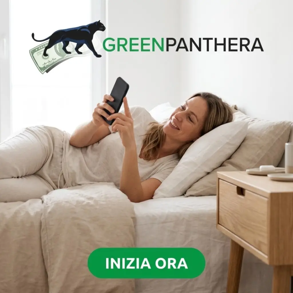 Donna sul letto che risponde ai sondaggi GreenPanthera dal telefono