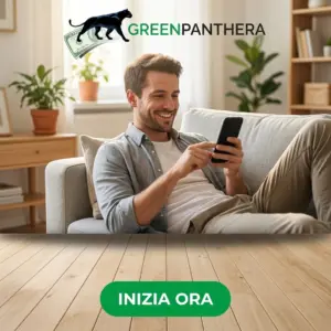 Uomo sul divano che risponde ai sondaggi GreenPanthera dal telefono