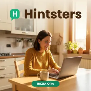 Donna al tavolo della cucina risponde ai sondaggi Hintsters dal portatile