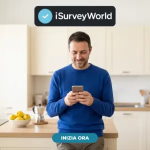 Uomo in cucina partecipa ai sondaggi iSurveyWorld dallo smartphone