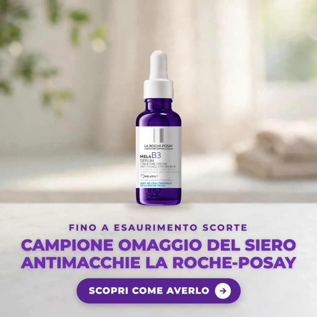 Flacone del siero La Roche-Posay Mela B3 su un ripiano di marmo chiaro