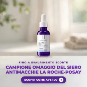 Flacone del siero La Roche-Posay Mela B3 su un ripiano di marmo chiaro