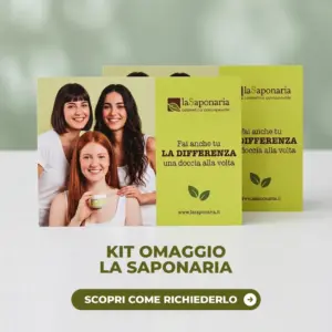 Cartoncino omaggio La Saponaria verde lime con il logo del marchio e la scritta Fai anche tu la differenza una doccia alla volta