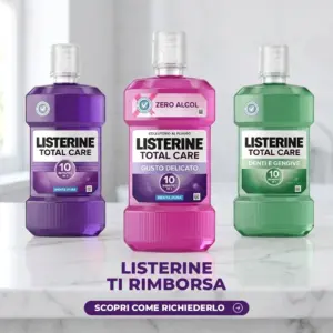 Listerine Total Care cashback: gamma di tre flaconi viola, rosa e verde
