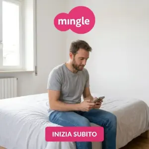 Uomo seduto sul letto che compila un sondaggio Mingle dallo smartphone