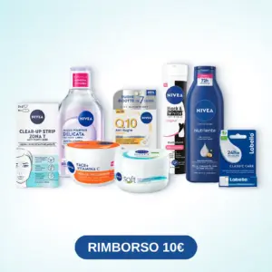 Cashback Nivea Back to Skincare: rimborso 10 euro sulla gamma prodotti viso e corpo Nivea (Q10 Anti-Rughe, Acqua Micellare, Face+ Vitamina C, Nivea Soft, Black&White, Crema Corpo Nutriente, Labello)