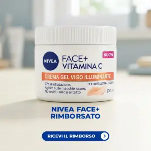 Vasetto Nivea Face+ Vitamina C con scritta Ricevi il rimborso