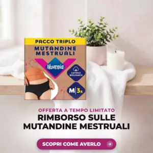 Confezione Nuvenia mutandine mestruali su una mensola da bagno, rimborso sull acquisto