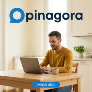 Uomo in cucina partecipa ai sondaggi Opinagora dal portatile