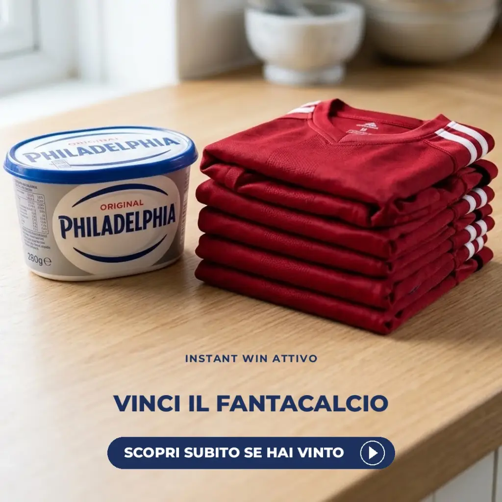 Vaschetta Philadelphia Original e maglia da calcio rossa piegata sul bancone della cucina, concorso Vinci Fantacalcio