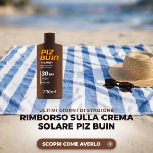 Crema solare Piz Buin su un telo da mare, rimborso del 50 per cento