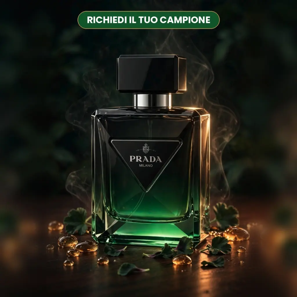 Prada Paradigme Le Parfum, flacone su sfondo atmosferico verde e nero
