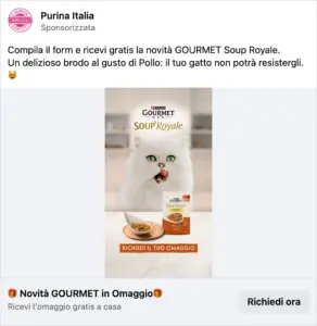 Ricostruzione dell'annuncio Purina Gourmet Soup Royale su Facebook, versione foto