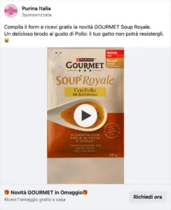 Ricostruzione dell'annuncio Purina Gourmet Soup Royale su Facebook, versione video