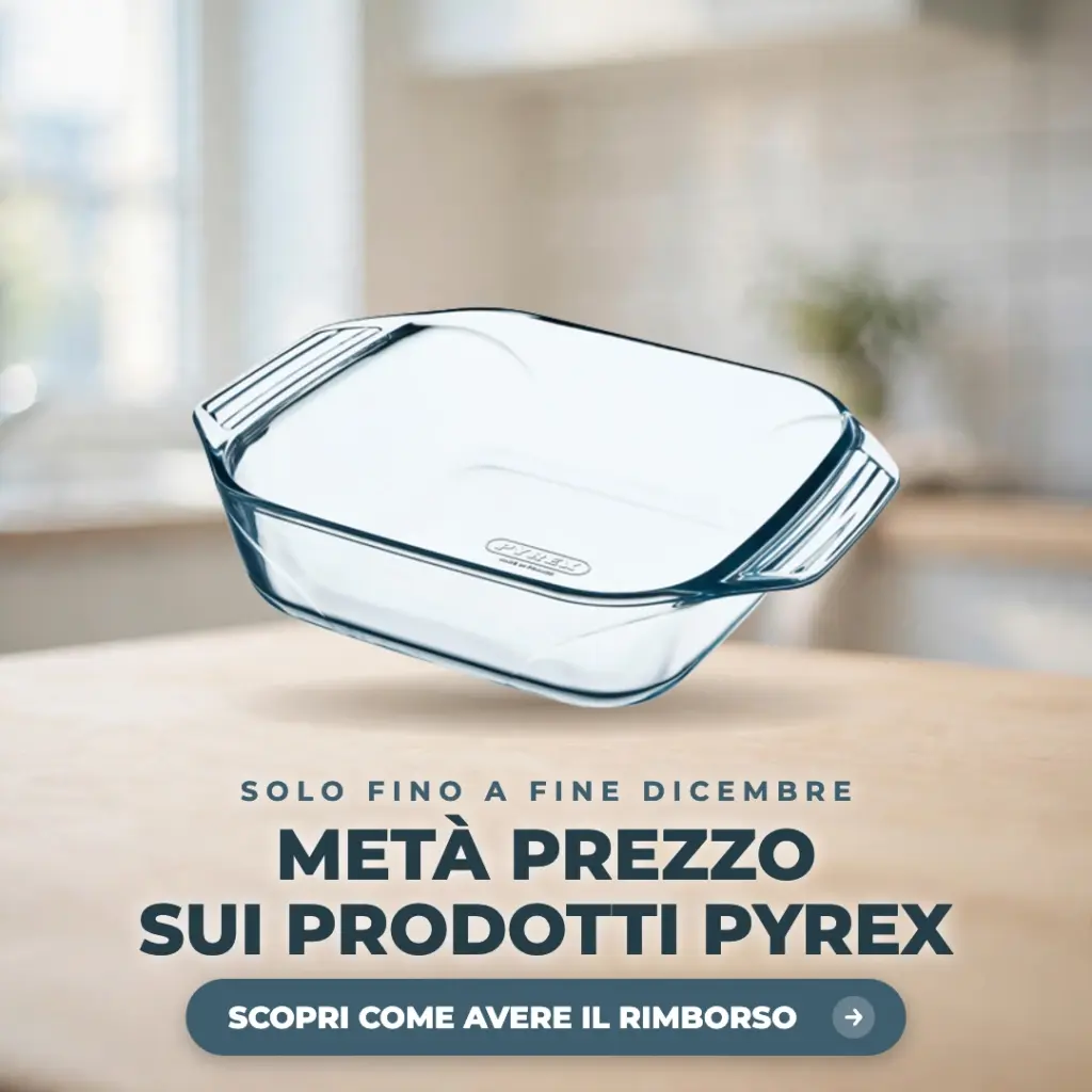 Pirofila in vetro Pyrex Easy Grip su un piano di cucina, promozione cashback con rimborso del 50%