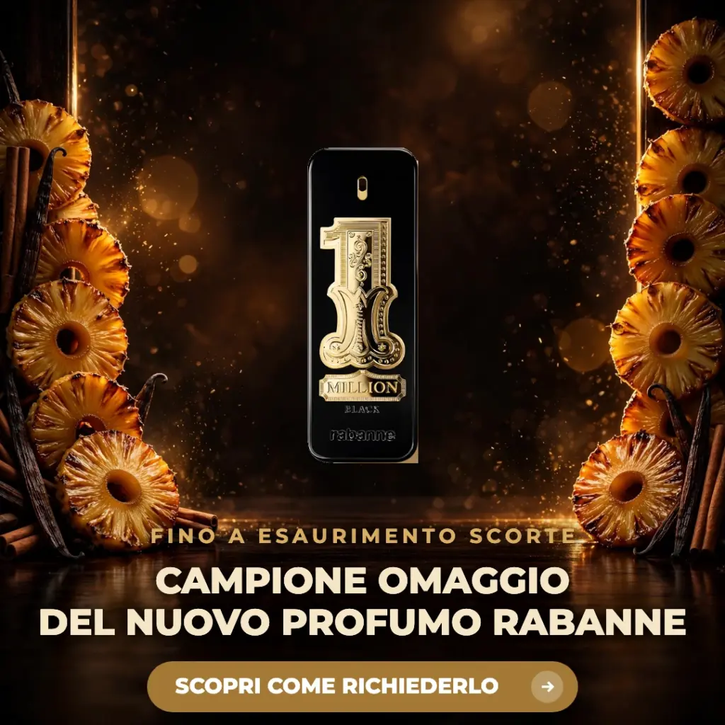 Flacone nero e oro del profumo 1 Million Black di Rabanne tra fette di ananas caramellato e baccelli di vaniglia