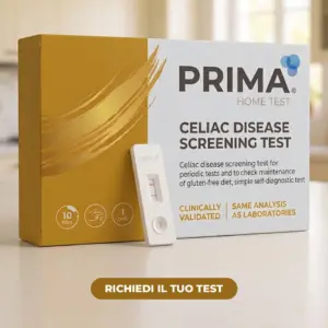 Confezione gialla del test rapido celiachia PrimaLab di Schär da richiedere gratis a casa, con CTA richiedi il tuo test
