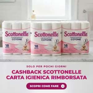 Tre confezioni di carta igienica Scottonelle da 18 rotoli su un piano in marmo bianco