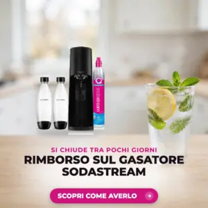 Gasatore SodaStream in cucina con bicchiere di acqua frizzante, rimborso di 20 euro