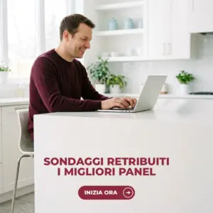 Uomo in cucina che compila un sondaggio retribuito sul portatile