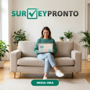 Donna sul divano risponde ai sondaggi SurveyPronto dal portatile