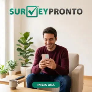 Uomo in salotto partecipa ai sondaggi SurveyPronto dallo smartphone