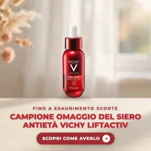 Flacone rosso del siero Vichy Liftactiv Collagen Specialist 16 su un piano chiaro