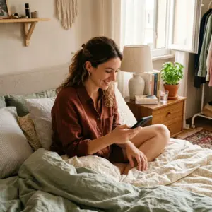 Donna a letto la sera partecipa ai sondaggi retribuiti Voissy dallo smartphone