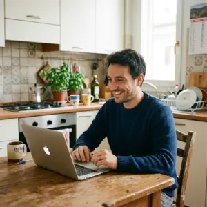Uomo sorride in cucina mentre partecipa ai sondaggi Voissy dal laptop