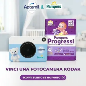 Fotocamera Kodak Printomatic e pacco di pannolini Pampers per il concorso Aptamil e Pampers