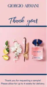 Schermata di conferma della richiesta del campione Giorgio Armani My Way: Thank you for requesting a sample
