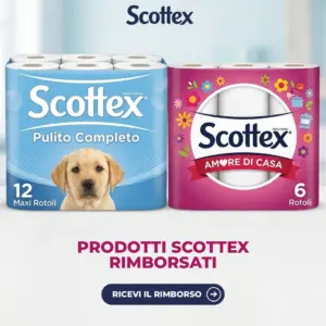 Confezioni Scottex Pulito Completo 12 maxi rotoli e Scottex Amore di Casa 6 rotoli su un piano bianco, per il cashback Scottex Esselunga