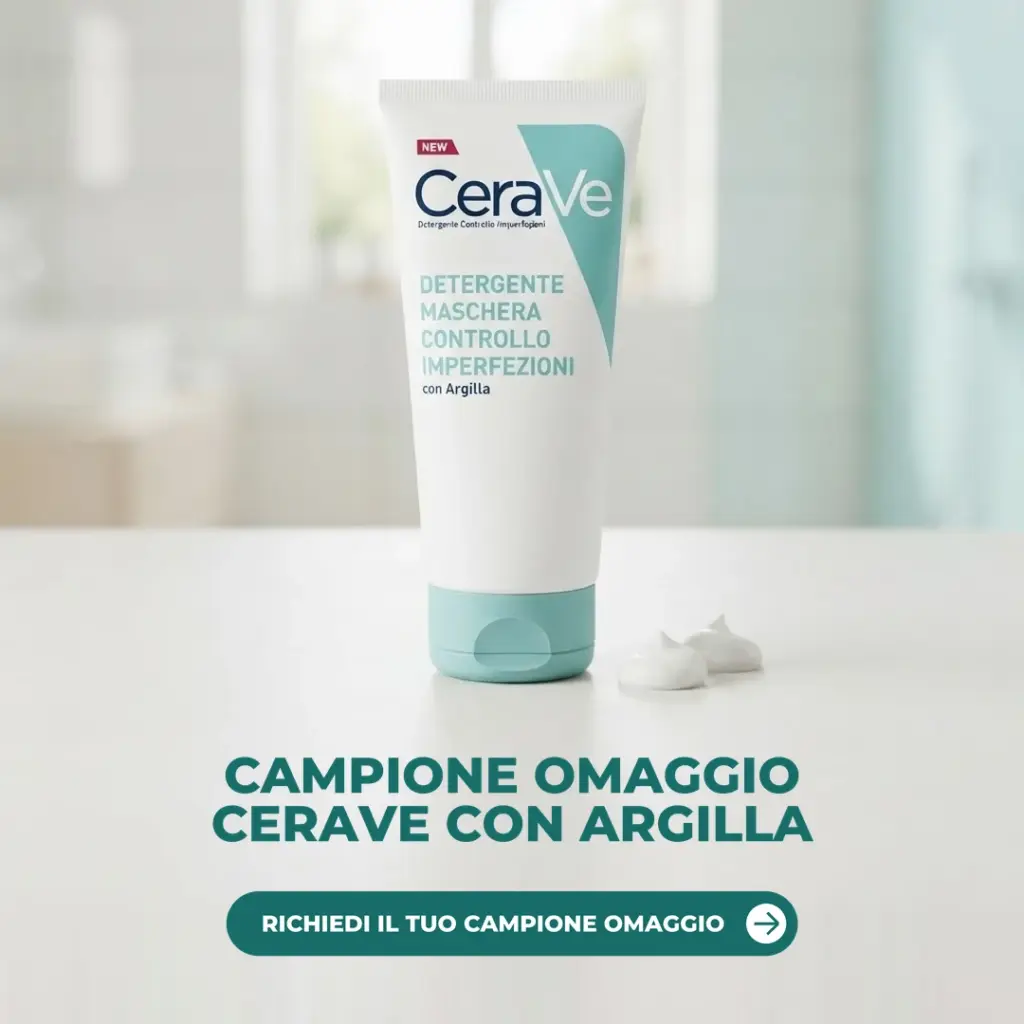Campione omaggio CeraVe Detergente Maschera controllo imperfezioni con argilla, tubetto su un piano da bagno