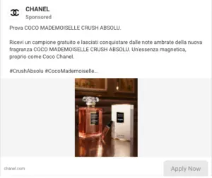Inserzione Chanel su Facebook per il campione di Coco Mademoiselle Crush Absolu